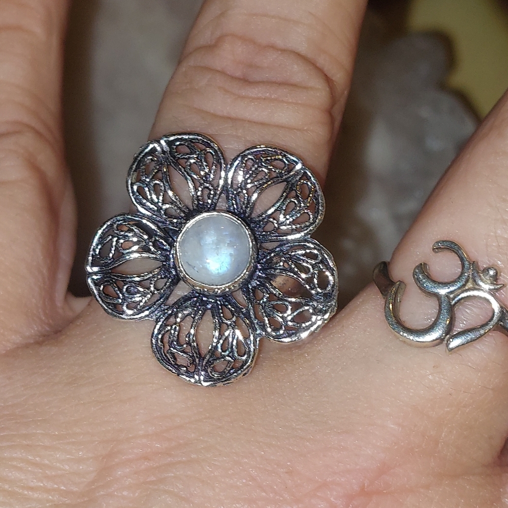 Moonstone Filigree Flower Ring Size 8